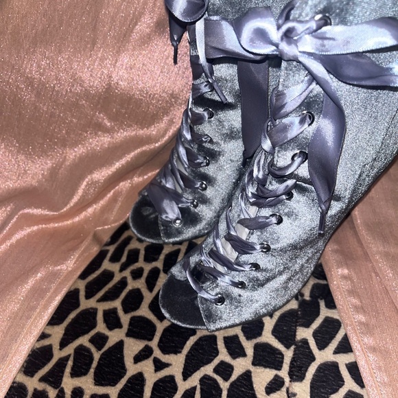 Velvet gray/silver/pewter with a Gray satin ribbon lace up high pump booty. - Picture 8 of 14